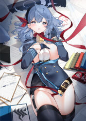 Rule 34 | 1girl, absurdres, ako (blue archive), animal collar, bell, black gloves, black skirt, black thighhighs, blue archive, blue eyes, blue hair, blue halo, blush, breasts, collar, cuffs, doodle sensei (blue archive), gloves, hair between eyes, halo, handcuffs, highres, large breasts, long hair, looking at viewer, lying, neck bell, on back, open mouth, sensei (blue archive), shirt, sideboob, skirt, solo, thighhighs, white shirt, yukineko1018
