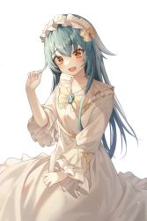 Rule 34 | 1girl, bianca (black survival), black survival, blue hair, blush, bow, collarbone, commentary, dress, english commentary, eternal return: black survival, fang, frilled dress, frills, gem, gyogyog, hair between eyes, hand up, headdress, highres, long hair, looking at viewer, official alternate costume, open mouth, orange eyes, simple background, skin fang, smile, solo, white background