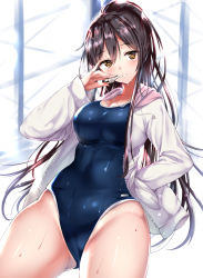 Rule 34 | 1girl, bad id, bad pixiv id, black hair, blue one-piece swimsuit, blush, breasts, brown eyes, commentary request, contrapposto, cowboy shot, hand in pocket, hand on own hip, holding, holding whistle, idolmaster, idolmaster shiny colors, jacket, large breasts, legs apart, long hair, long sleeves, looking at viewer, new school swimsuit, one-piece swimsuit, open clothes, open jacket, parted lips, ponytail, ponytail korosuke, revision, school swimsuit, shirase sakuya, solo, standing, swimsuit, swimsuit under clothes, very long hair, wet, whistle, white jacket
