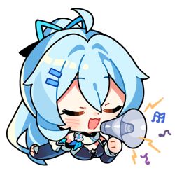 Rule 34 | 1girl, ahoge, bad singing, blue hair, chibi, closed eyes, commentary, detached sleeves, english commentary, hair between eyes, high ponytail, holding, holding megaphone, honkai (series), honkai impact 3rd, light blue hair, long hair, long sleeves, megaphone, music, musical note, official art, open mouth, ponytail, shigure kira, singing, solo, transparent background