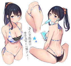 Rule 34 | 1girl, :&lt;, arms behind back, ass, back, bikini, black bikini, black hair, blue eyes, blush, breasts, butt crack, cellphone, cleavage, commentary request, food, gridman universe, hair between eyes, holding, holding phone, large breasts, layered bikini, long hair, looking at viewer, looking back, multiple views, navel, orange scrunchie, phone, ponytail, popqn, popsicle, scrunchie, simple background, sitting, smartphone, ssss.gridman, string, swimsuit, takarada rikka, thighs, thong, thong bikini, translated, v arms, white background