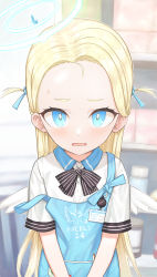 Rule 34 | 1girl, apron, black bow, black bowtie, blonde hair, blue apron, blue archive, blue eyes, blurry, blurry background, bow, bowtie, bright pupils, collared shirt, forehead, halo, highres, hopeful wharf, id card, indoors, light blush, long hair, looking at viewer, mini wings, parted bangs, parted lips, shelf, shirt, short eyebrows, short sleeves, solo, sora (blue archive), strap slip, striped bow, striped bowtie, striped clothes, sweatdrop, two side up, v arms, wavy mouth, white pupils, white shirt, white wings, wings