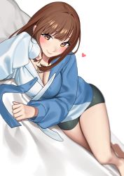 Rule 34 | 1girl, absurdres, black shorts, blush, breasts, brown eyes, brown hair, cleavage, drawstring, feet out of frame, heart, highres, long hair, long sleeves, lying, medium breasts, nia (nia4294), on side, original, shorts, smile, solo