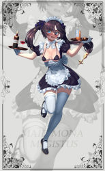 Rule 34 | 1girl, absurdres, alcohol, alternate costume, apron, bikini, black bikini, black dress, black footwear, blue eyes, blush, bottle, breasts, breasts out, brown hair, character name, collarbone, cup, dress, drinking glass, embarrassed, enmaided, frilled apron, frilled dress, frills, full body, genshin impact, gloves, hair between eyes, highres, holding, holding tray, long hair, looking at viewer, maid, maid apron, maid headdress, mary janes, medium breasts, micro bikini, mona (genshin impact), nithros, open mouth, puffy short sleeves, puffy sleeves, shoes, short sleeves, shot glass, solo, standing, standing on one leg, swimsuit, thighhighs, thighs, tray, twintails, waist apron, white apron, white background, white gloves, white thighhighs, wine bottle, wine glass, zettai ryouiki, zoom layer
