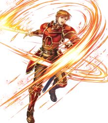 Rule 34 | 1boy, arm guards, armor, boots, brown eyes, brown footwear, brown hair, brown pants, fingerless gloves, fire emblem, fire emblem: the blazing blade, fire emblem heroes, gloves, highres, holding, holding sword, holding weapon, kent (fire emblem), knee boots, long sleeves, looking away, male focus, nintendo, non-web source, official art, open mouth, pants, red armor, short hair, shoulder armor, sword, takaya tomohide, transparent background, turtleneck, weapon