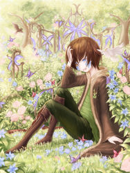 Rule 34 | 1boy, arm rest, bad id, bad pixiv id, bird, blue eyes, blue flower, boots, brown eyes, brown footwear, bug, butterfly, day, flower, forest, full body, grass, green pants, green shirt, hand on own head, heterochromia, highres, bug, knee boots, looking at viewer, male focus, nature, original, outdoors, pants, parted lips, rinmmo, shirt, short hair, sitting, solo, tree