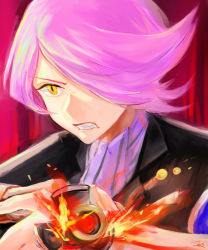 Rule 34 | 10s, 1boy, bad id, bad pixiv id, clenched teeth, concrete revolutio, fang, fire, formal, highres, hitoyoshi jirou, jay (jaybluejay), male focus, pink hair, short hair, signature, slit pupils, solo, suit, teeth, yellow eyes