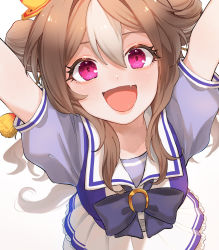 Rule 34 | 1girl, :d, animal ears, arms up, blush, bow, bowtie, brown hair, collarbone, commentary request, copano rickey (umamusume), double bun, eyelashes, fang, hair between eyes, hair bun, hair ornament, highres, horse ears, horse tail, horseshoe ornament, long hair, looking at viewer, multicolored hair, open mouth, outstretched arms, pink eyes, pleated skirt, puffy short sleeves, puffy sleeves, purple bow, purple bowtie, purple shirt, sailor collar, sailor shirt, sarachi (sara dayluv), school uniform, shirt, short sleeves, sidelocks, skirt, sleeve cuffs, smile, solo, standing, streaked hair, tail, tareme, tassel, tracen school uniform, two-tone hair, umamusume, upper body, white background, white hair, white sailor collar, white skirt