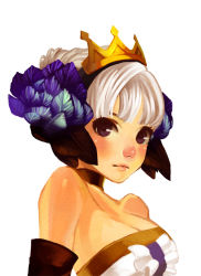 Rule 34 | 1girl, bare shoulders, blush, choker, crown, dress, face, faux traditional media, feathers, gwendolyn (odin sphere), hair ornament, hair up, lips, odin sphere, profile, purple eyes, silver hair, solo, star-flavored, strapless, strapless dress, tiara, valkyrie