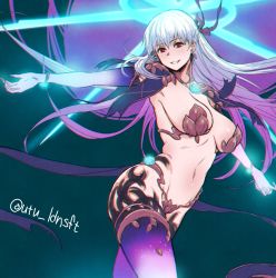 Rule 34 | 1girl, blush, breasts, earrings, elbow gloves, fate/grand order, fate (series), gloves, glowing, hair ribbon, halo, highres, jewelry, kama (beast iii/l) (fate), kama (fate), large breasts, long hair, parted lips, purple gloves, purple hair, purple thighhighs, red eyes, revealing clothes, ribbon, smile, solo, thighhighs, twitter username, utu (ldnsft)
