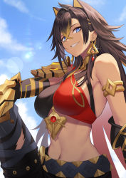 1girl animal_ears armlet armor bare_shoulders black_pants blonde_hair blue_eyes blue_sky breasts brown_hair cloud criss-cross_halter crop_top crossed_bangs dark-skinned_female dark_skin dehya_(genshin_impact) earrings genshin_impact glint grin hair_between_eyes halterneck highres jewelry kengzeta knee_up large_breasts looking_at_viewer multicolored_hair navel neck_ring pants shoulder_armor sidelocks sky smile solo stomach streaked_hair torn_clothes torn_pants two-tone_hair