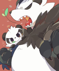 Rule 34 | 2boys, akadako, animal ears, animal hands, animal nose, bear boy, bear ears, black eyes, black fur, blank eyes, body fur, child, claws, closed mouth, creatures (company), furry, furry male, game freak, gen 6 pokemon, happy, highres, looking at viewer, male focus, mouth hold, multiple boys, neck fur, nintendo, notice lines, one-hour drawing challenge, open mouth, pancham, pangoro, pokemon, pokemon (creature), red background, sharp teeth, smile, snout, stalk in mouth, straight-on, teeth, two-tone fur, upper body, white fur