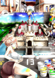 Rule 34 | 4girls, ass, bad id, bad pixiv id, bare shoulders, blonde hair, castle, cloud, hair up, hat, looking at viewer, lying, multiple girls, nikki (donbe), on side, one eye closed, optical illusion, original, paint can, paintbrush, painting (action), pink eyes, shorts, sky, tank top, wink