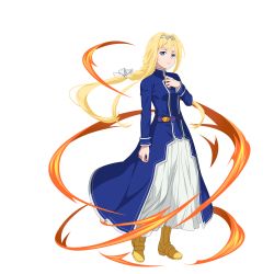 Rule 34 | 1girl, alice zuberg, armor, armored dress, blonde hair, blue dress, blue eyes, bow, braid, braided ponytail, dress, floating hair, full body, hair bow, hair intakes, hairband, hand over heart, highres, long dress, long hair, long skirt, long sleeves, looking at viewer, official art, parted lips, pleated skirt, skirt, skirt under dress, solo, standing, sword art online, sword art online: memory defrag, transparent background, very long hair, white bow, white hairband, white skirt, yellow footwear
