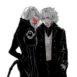 Rule 34 | 2boys, armor, black coat, black shirt, blonde hair, blood, blood on face, coat, daybit sem void, fate/grand order, fate (series), hair between eyes, hand in pocket, looking at viewer, male focus, multiple boys, nobicco, orange eyes, profile, shirt, short hair, simple background, tail, tezcatlipoca (fate), tezcatlipoca (second ascension) (fate), trench coat, white background, white shirt