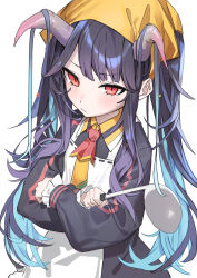Rule 34 | 1girl, absurdres, apron, black dress, black hair, blue archive, blush, closed mouth, dress, fuuka (blue archive), haruyuki (gffewuoutgblubh), head scarf, highres, holding, holding ladle, horns, ladle, long hair, long sleeves, red eyes, simple background, solo, twintails, upper body, white apron, white background, yellow headwear