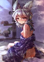 Rule 34 | 1girl, aftersex, ass, bed sheet, bite mark, blush, breasts, closed mouth, clothes down, commentary request, crying, cum, cum on ass, detached collar, hair between eyes, highres, indoors, lens flare, looking at viewer, medium breasts, nipples, nomayo, pointy hair, short hair, shouji, sitting, sliding doors, solo, tatami, tears, touhou, toyosatomimi no miko, yellow eyes