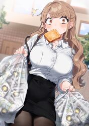Rule 34 | 1girl, ^^^, absurdres, bag, beer can, black skirt, blurry, blurry background, bread, bread slice, breasts, brown hair, brown pantyhose, can, collared shirt, commentary request, drink can, food, highres, holding, holding bag, kodama&#039;s elder sister (sakura yuki), large breasts, long hair, long sleeves, looking at viewer, mouth hold, orange eyes, original, outdoors, pantyhose, sakura yuki (clochette), shirt, skirt, solo, toast, white shirt
