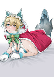 Rule 34 | 1girl, :o, absurdres, animal ear fluff, animal ears, bare shoulders, bed, bed sheet, bell, bikini, blonde hair, blue bikini, blue eyes, blue footwear, blush, breasts, cape, cross, cross earrings, earrings, feet together, feet up, frilled hairband, frills, fur-trimmed collar, fur trim, girls&#039; frontline, gloves, green neckwear, hair bell, hair between eyes, hair ornament, hairband, high heels, highres, hood, hooded cape, jewelry, large breasts, looking up, lying, o-ring, o-ring bikini, official alternate costume, on bed, on stomach, red cape, revealing clothes, ribbon, ribbon-trimmed clothes, ribbon trim, shinme, short hair, snowflake hair ornament, swimsuit, tail, vsk-94 (girls&#039; frontline), white background, white gloves, wolf girl, wolf tail, wristband
