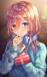 Rule 34 | 1girl, absurdres, blue eyes, blue sweater, blush, brown background, brown hair, buttons, collared shirt, commentary, eyes visible through hair, gift, go-toubun no hanayome, hair between eyes, hand on own chin, hands up, headphones, headphones around neck, highres, holding, holding gift, huge filesize, long hair, long sleeves, looking away, nail polish, nakano miku, pink nails, pout, shirt, sidelocks, solo, starlime, sweater, tears, white shirt