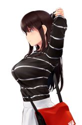 Rule 34 | 1girl, akagi (kancolle), armpits, bag, between breasts, blush, breasts, brown eyes, brown hair, closed mouth, hair between eyes, highres, kantai collection, long hair, official alternate costume, shirt, simple background, skirt, smile, solo, straight hair, strap between breasts, striped clothes, striped shirt, taut clothes, wa (genryusui), white background, white skirt