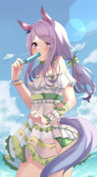 Rule 34 | 1girl, animal ears, ass, blush, food, food in mouth, highres, holding, holding food, horse ears, horse girl, horse tail, long hair, looking at viewer, mejiro mcqueen (ripple fairlady) (umamusume), mejiro mcqueen (umamusume), naonao (sherry), official alternate costume, popsicle, popsicle in mouth, purple eyes, purple hair, solo, swept bangs, tail, twitter username, umamusume