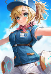 Rule 34 | 1girl, absurdres, ahoge, alternate costume, aqua eyes, armpit peek, artoria pendragon (fate), bad id, bad pixiv id, baseball cap, blonde hair, blue hat, blue shirt, blue sky, blush, breasts, closed mouth, cowboy shot, day, eyelashes, fate/grand order, fate (series), hat, highres, id card, ishida umi, large breasts, looking at viewer, machinery, mysterious heroine x (fate), mysterious heroine xx (fate), mysterious heroine xx (festival outfit) (fate), outdoors, outstretched arms, pink scarf, ponytail, scarf, shirt, short hair, shorts, sidelocks, sky, smile, solo, underbust, white shorts