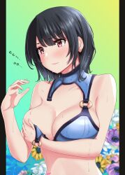 Rule 34 | 1girl, bare arms, bare shoulders, bikini, black hair, blue bikini, blush, breasts, cleavage, closed mouth, collarbone, covering breasts, covering privates, flower, highres, jouzaburou (joe3), kantai collection, large breasts, purple flower, red eyes, short hair, solo, swimsuit, takao (kancolle), upper body, wardrobe malfunction, yellow flower