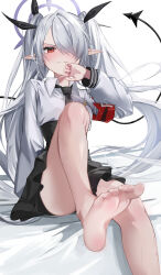 Rule 34 | 1girl, absurdres, armband, ass, august., barefoot, black necktie, black ribbon, black skirt, black tail, blue archive, blush, breasts, collared shirt, convenient leg, feet, foot out of frame, frown, grey hair, hair over one eye, hair ribbon, halo, highres, iori (blue archive), knee up, legs, long hair, long sleeves, looking at viewer, necktie, pleated skirt, pointy ears, purple halo, red armband, red eyes, ribbon, shirt, simple background, sitting, skirt, small breasts, soles, solo, tail, toenails, toes, twintails, white background, white shirt