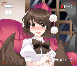 Rule 34 | 1girl, bad id, bad pixiv id, bird wings, blush, bow, brown dress, brown eyes, brown wings, chair, commentary request, curtains, dress, hammer (sunset beach), hat, hat ribbon, looking at viewer, open mouth, puffy sleeves, recording, ribbon, shameimaru aya, short hair, short sleeves, sitting, solo, sweatdrop, tokin hat, touhou, viewfinder, window, wings