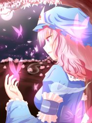 Rule 34 | 1girl, arm garter, bad id, bad pixiv id, branch, bug, butterfly, cherry blossoms, commentary, full moon, glowing, hat, highres, hitodama, insect, japanese clothes, kimono, mob cap, moon, night, open hand, open mouth, outdoors, pink eyes, pink hair, profile, saigyouji yuyuko, short hair, solo, touhou, tree, triangular headpiece, ucukrtz
