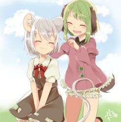 Rule 34 | 2girls, :d, abe suke, animal ears, black skirt, bloomers, blush, bow, bowtie, closed eyes, closed mouth, commentary request, dress, fang, green hair, grey hair, highres, juliet sleeves, kasodani kyouko, long sleeves, mouse ears, mouse tail, multiple girls, nazrin, open mouth, pink dress, puffy short sleeves, puffy sleeves, red neckwear, short hair, short sleeves, signature, skirt, skirt set, smile, tail, touhou, underwear