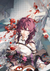 Rule 34 | 1girl, bathtub, black shorts, blood, blood on face, blood on wall, breasts, chest strap, cleavage, closed mouth, clothing cutout, commentary request, cowboy shot, cup, drinking glass, flower, highres, holding, holding cup, honkai: star rail, honkai (series), kafka (honkai: star rail), long hair, long sleeves, looking at viewer, medium breasts, purple eyes, purple hair, red flower, shirt, shorts, shoulder cutout, solo, tray, water, white shirt, wine glass, yeurei