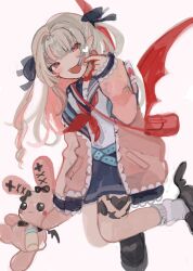 Rule 34 | 1girl, armband, bag, black ribbon, black sailor collar, black skirt, blunt bangs, blush, cardigan, colored inner hair, commentary request, demon wings, fangs, finger heart, floating, floating hair, foot out of frame, grey hair, hair ribbon, hand up, head tilt, heart, highres, holding, holding stuffed toy, iemi, long hair, long sleeves, looking at viewer, loose socks, makaino ririmu, multicolored hair, nijisanji, open cardigan, open clothes, open mouth, pink cardigan, pink hair, pointy ears, red eyes, red wings, ribbon, sailor collar, school uniform, serafuku, shirt, shoes, shoulder bag, skirt, smile, socks, solo, stuffed animal, stuffed rabbit, stuffed toy, two side up, virtual youtuber, white armband, white background, white shirt, white socks, winged footwear, wings, yume kawaii