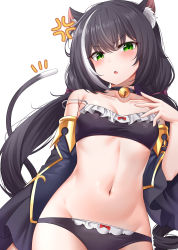 Rule 34 | 1girl, ^^^, absurdres, anger vein, angry, animal ear fluff, animal ears, bare shoulders, bell, bikini, black bra, black choker, black hair, black panties, blush, bra, breasts, cat ears, cat girl, cat tail, choker, cowboy shot, detached sleeves, frilled bikini, frills, frown, gold trim, green eyes, groin, highres, jingle bell, karyl (princess connect!), long hair, long sleeves, looking at viewer, maid, maid bikini, multicolored hair, navel, neck bell, notice lines, open mouth, panties, princess connect!, red ribbon, ribbon, simple background, small breasts, solo, stomach, strap slip, streaked hair, sunhyun, swimsuit, tail, unconventional maid, underwear, v-shaped eyebrows, v arms, very long hair, white background, white hair, wide sleeves