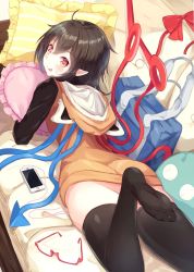 Rule 34 | 1girl, ahoge, ass, asymmetrical wings, bag, black hair, black thighhighs, cellphone, couch, dress, frilled pillow, frills, from behind, hair between eyes, heart, heart-shaped pillow, highres, hood, hoodie, houjuu nue, igayan, iphone, looking at viewer, looking back, lying, on couch, on stomach, open mouth, phone, pillow, pointy ears, red eyes, red ribbon, ribbon, school bag, short hair, shoulder bag, smartphone, smile, solo, striped pillow, sweatdrop, sweater, sweater dress, thighhighs, thighs, toes, touhou, wings, zettai ryouiki