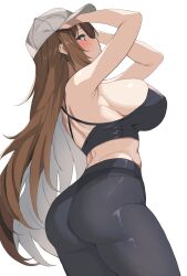Rule 34 | 1girl, adjusting clothes, adjusting headwear, alien adviser, armpits, arms up, ass, baseball cap, black leggings, black sports bra, blush, breasts, brown eyes, brown hair, commentary request, cowboy shot, from side, hat, highres, large breasts, leggings, long hair, midriff, original, profile, simple background, skin tight, solo, sports bra, standing, very long hair, white background, white hat