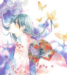 Rule 34 | 1girl, braid, bug, butterfly, insect, japanese clothes, kimono, original, painting (medium), single braid, solo, traditional media, uko (artist), watercolor (medium), yufushi