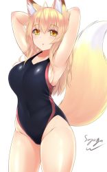 Rule 34 | 1girl, ahoge, animal ear fluff, animal ears, armpits, arms behind head, arms up, artist name, blonde hair, blush, breasts, competition swimsuit, covered navel, cowboy shot, curvy, fox ears, fox tail, hair between eyes, highres, large breasts, long hair, looking at viewer, one-piece swimsuit, original, parted lips, sideboob, simple background, sogaya, solo, swimsuit, tail, thick thighs, thighs, white background, wide hips, yellow eyes
