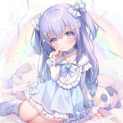 Rule 34 | 1girl, :o, arm support, blue bow, blue choker, blue dress, blue footwear, blue hair, bow, choker, collarbone, commentary, dress, hair between eyes, hair bow, hair ornament, hand up, head tilt, heart, heart hair ornament, highres, long hair, long sleeves, looking at viewer, original, parted lips, puffy long sleeves, puffy sleeves, purple eyes, rainbow, shirt, shoes, sleeves past wrists, socks, solo, streamers, stuffed animal, stuffed panda, stuffed rabbit, stuffed toy, stuffed winged unicorn, symbol-only commentary, two side up, usashiro mani, very long hair, white background, white shirt, white socks