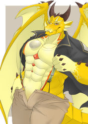 Rule 34 | 1boy, abs, absurdres, bara, bare pectorals, black shirt, blush, broken horn, brown pants, bulge, come hither, dragon boy, dragon horns, dragon wings, egg, feet out of frame, furry, furry male, highres, horns, ioenami, jewelry, large pectorals, looking at viewer, male focus, monster boy, muscular, muscular male, necklace, nipples, no nipples, open clothes, open fly, open shirt, ophion (housamo), pants, pectorals, scales, seductive smile, shirt, smile, solo, stomach, suspenders, thick thighs, thighs, tokyo houkago summoners, undressing, wings