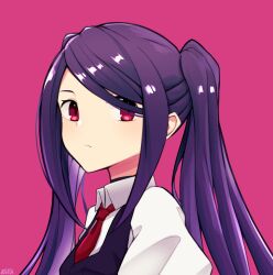 Rule 34 | 1girl, black vest, closed mouth, collared shirt, highres, jill stingray, long hair, long sleeves, looking at viewer, necktie, oemunn, purple hair, red eyes, red necktie, shirt, simple background, solo, swept bangs, twintails, va-11 hall-a, vest, white shirt