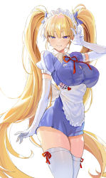 Rule 34 | 1girl, absurdres, apron, arm up, blonde hair, blue dress, blue eyes, bow, breast pocket, breasts, button gap, cowboy shot, dress, elbow gloves, freng, gloves, grin, hair bow, highres, large breasts, long hair, looking at viewer, maid, maid apron, maid headdress, mole, mole on breast, neck ribbon, original, pocket, ribbon, short dress, short sleeves, simple background, smile, solo, standing, thighhighs, thighs, twintails, very long hair, waist apron, white background, white gloves, white thighhighs, wing collar, zettai ryouiki