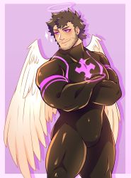 Rule 34 | 1boy, angel, angel wings, bara, beard, black bodysuit, black hair, bodysuit, border, bulge, crossed arms, facial hair, feathered wings, feet out of frame, halo, highres, lisuchi, male focus, mature male, muscular, muscular male, nether angel (housamo), outside border, pectorals, pink border, purple background, purple eyes, short hair, sideburns, simple background, skin tight, smile, solo, sparkle, stubble, thick thighs, thighs, tokyo houkago summoners, wings