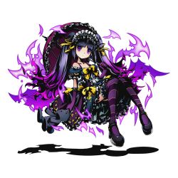 Rule 34 | 10s, 1girl, black hair, collarbone, divine gate, dress, elbow gloves, fire, frilled dress, frills, full body, gloves, gothic lolita, hair ribbon, head tilt, headdress, holding, holding umbrella, lolita fashion, long hair, looking at viewer, multicolored hair, official art, purple eyes, purple gloves, purple hair, purple thighhighs, purple umbrella, ribbon, shadow, shadow (divine gate), solo, striped clothes, striped thighhighs, thighhighs, transparent background, twintails, two-tone hair, ucmm, umbrella, very long hair, yellow ribbon