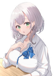 Rule 34 | 1girl, absurdres, blue bow, blue bowtie, blush, bow, bowtie, breast rest, breasts, breasts on table, collared shirt, dreamoon, green eyes, grey hair, highres, hololive, large breasts, long sleeves, looking at viewer, loose bowtie, medium hair, parted lips, shirogane noel, shirogane noel (school uniform), shirt, simple background, solo, upper body, virtual youtuber, white background, white shirt