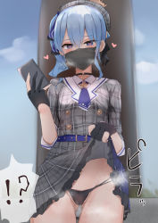 Rule 34 | 1girl, ascot, belt, beret, black panties, blue eyes, blue hair, cellphone, clothes lift, dress, dress lift, gloves, hair between eyes, hat, highres, holding, holding phone, hololive, hoshimachi suisei, hoshimachi suisei (1st costume), lifted by self, looking at viewer, mask, medium hair, mouth mask, panties, partially fingerless gloves, phone, plaid, plaid dress, side ponytail, solo, tikuwazyousyou, underwear, virtual youtuber