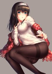 Rule 34 | 10s, 1girl, absurdres, artist request, black hair, blue eyes, blush, breasts, hairband, highres, idolmaster, idolmaster cinderella girls, large breasts, long hair, looking at viewer, md5 mismatch, off-shoulder, off-shoulder sweater, open mouth, pantyhose, ribbed sweater, sagisawa fumika, shawl, solo, sweater, yomono