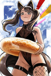 Rule 34 | 1girl, animal ear fluff, animal ears, azelweien, bare shoulders, blue sky, breasts, brown eyes, brown hair, choker, collar, covered navel, dated commentary, fake animal ears, fishnet legwear, fishnets, highleg, highleg leotard, highres, innertube, leotard, long hair, looking at viewer, looking down, medium breasts, original, outdoors, parted bangs, sky, smile, solo, spiked collar, spikes, standing, swim ring, tail, thigh strap, two side up
