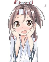 Rule 34 | 10s, 1girl, bad id, bad pixiv id, blush, brown eyes, flustered, hachimaki, headband, high ponytail, japanese clothes, kanisaka shizuku, kantai collection, light brown hair, long hair, looking at viewer, open mouth, ponytail, solo, wavy mouth, zuihou (kancolle)